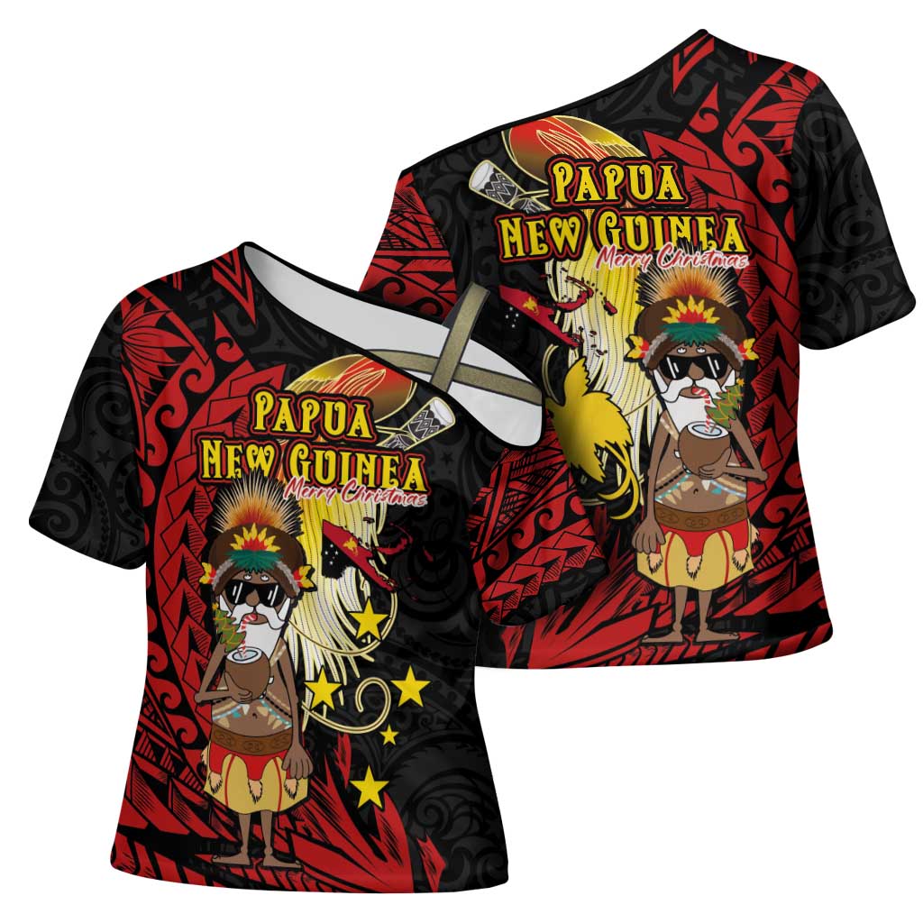 Papua New Guinea Christmas Cross Shoulder Shirt Funny Melanesian Santa with Bird-of-paradise Tribal Style - Polynesian Pride
