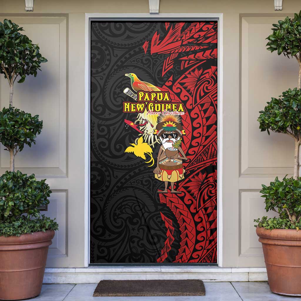 Papua New Guinea Christmas Door Cover Funny Melanesian Santa with Bird-of-paradise Tribal Style - Polynesian Pride