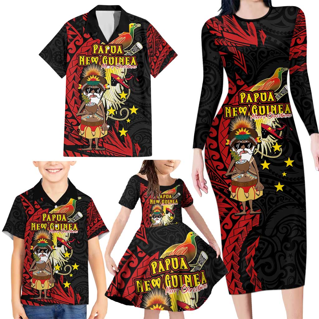 Papua New Guinea Christmas Family Matching Long Sleeve Bodycon Dress and Hawaiian Shirt Funny Melanesian Santa with Bird-of-paradise Tribal Style - Polynesian Pride