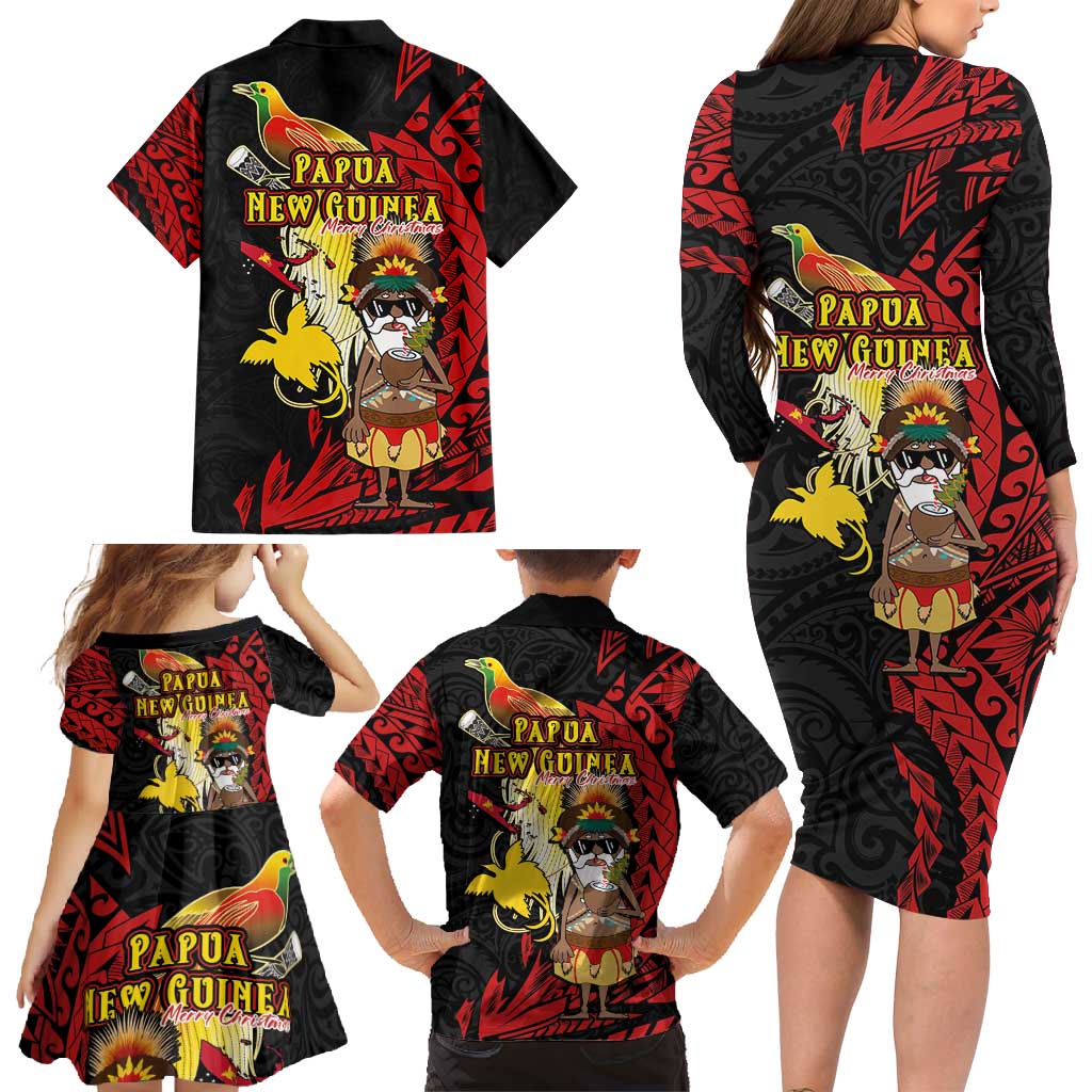 Papua New Guinea Christmas Family Matching Long Sleeve Bodycon Dress and Hawaiian Shirt Funny Melanesian Santa with Bird-of-paradise Tribal Style - Polynesian Pride