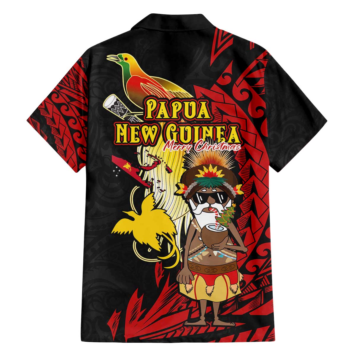Papua New Guinea Christmas Family Matching Off The Shoulder Long Sleeve Dress and Hawaiian Shirt Funny Melanesian Santa with Bird-of-paradise Tribal Style - Polynesian Pride