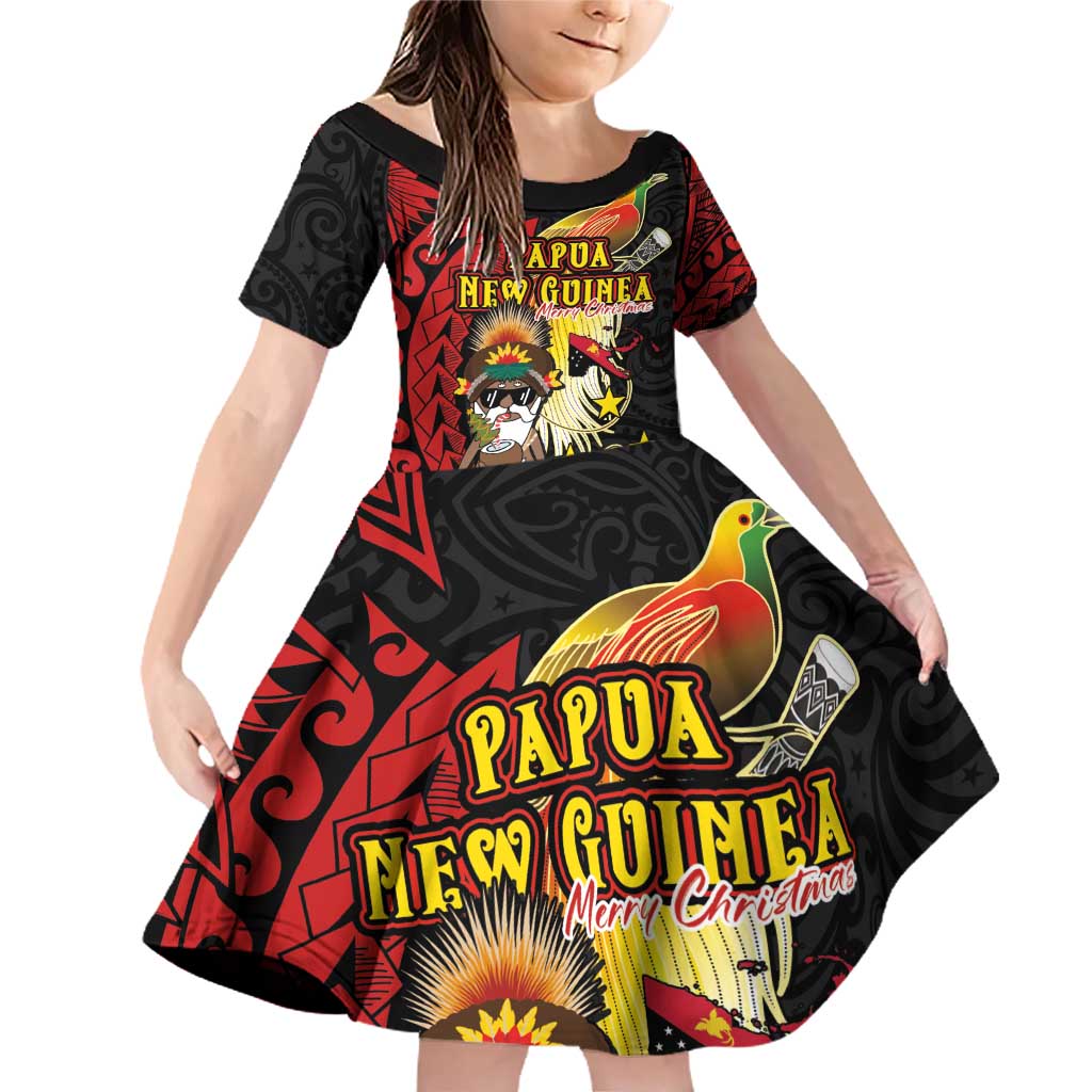 Papua New Guinea Christmas Family Matching Off Shoulder Short Dress and Hawaiian Shirt Funny Melanesian Santa with Bird-of-paradise Tribal Style - Polynesian Pride