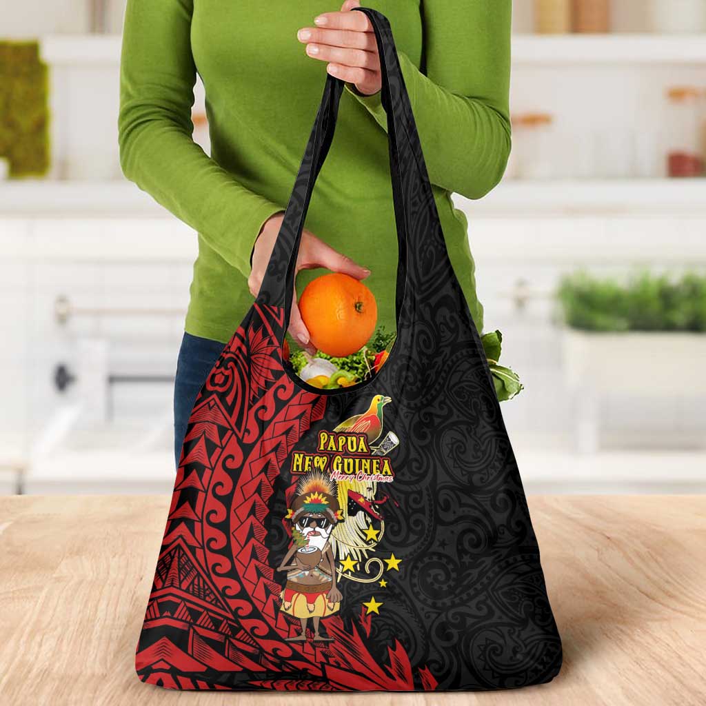 Papua New Guinea Christmas Grocery Bag Funny Melanesian Santa with Bird-of-paradise Tribal Style - Polynesian Pride