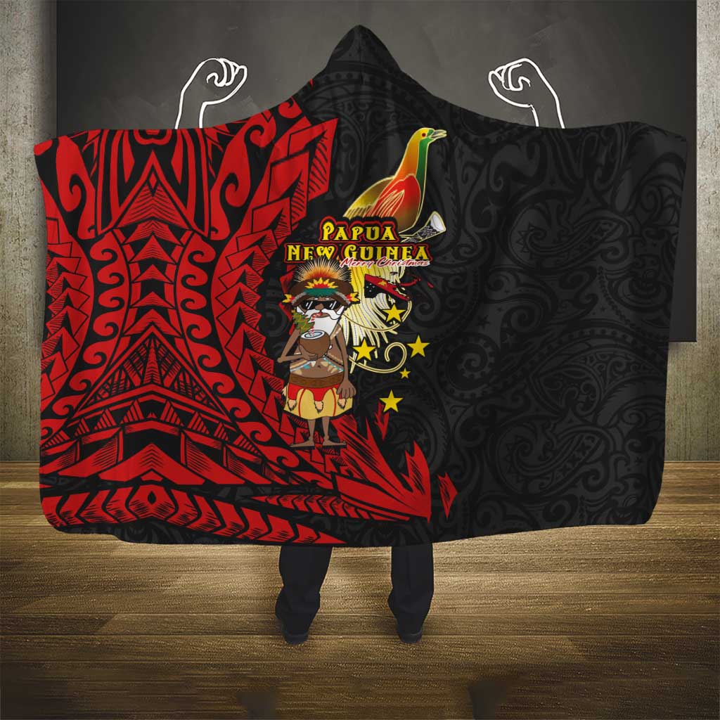 Papua New Guinea Christmas Hooded Blanket Funny Melanesian Santa with Bird-of-paradise Tribal Style - Polynesian Pride