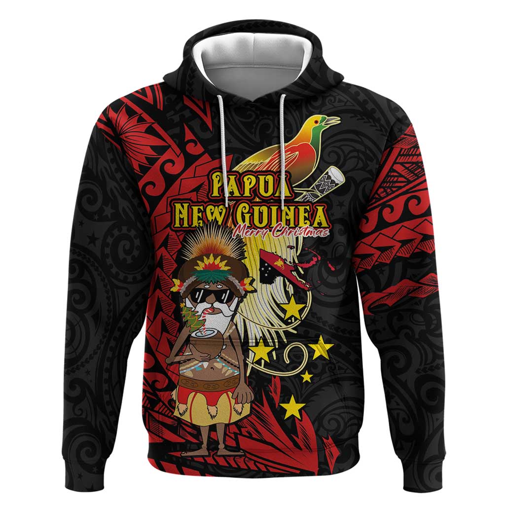 Papua New Guinea Christmas Hoodie Funny Melanesian Santa with Bird-of-paradise Tribal Style - Polynesian Pride