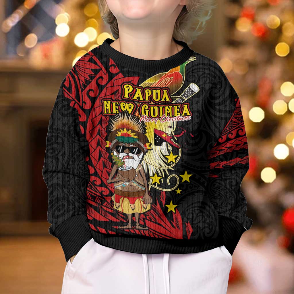 Papua New Guinea Christmas Kid Ugly Christmas Sweater Funny Melanesian Santa with Bird-of-paradise Tribal Style - Polynesian Pride