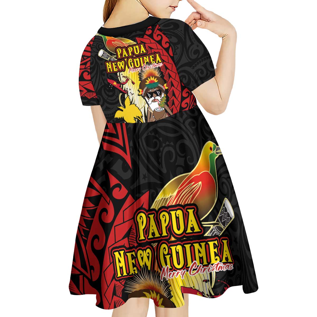 Papua New Guinea Christmas Kid Short Sleeve Dress Funny Melanesian Santa with Bird-of-paradise Tribal Style - Polynesian Pride