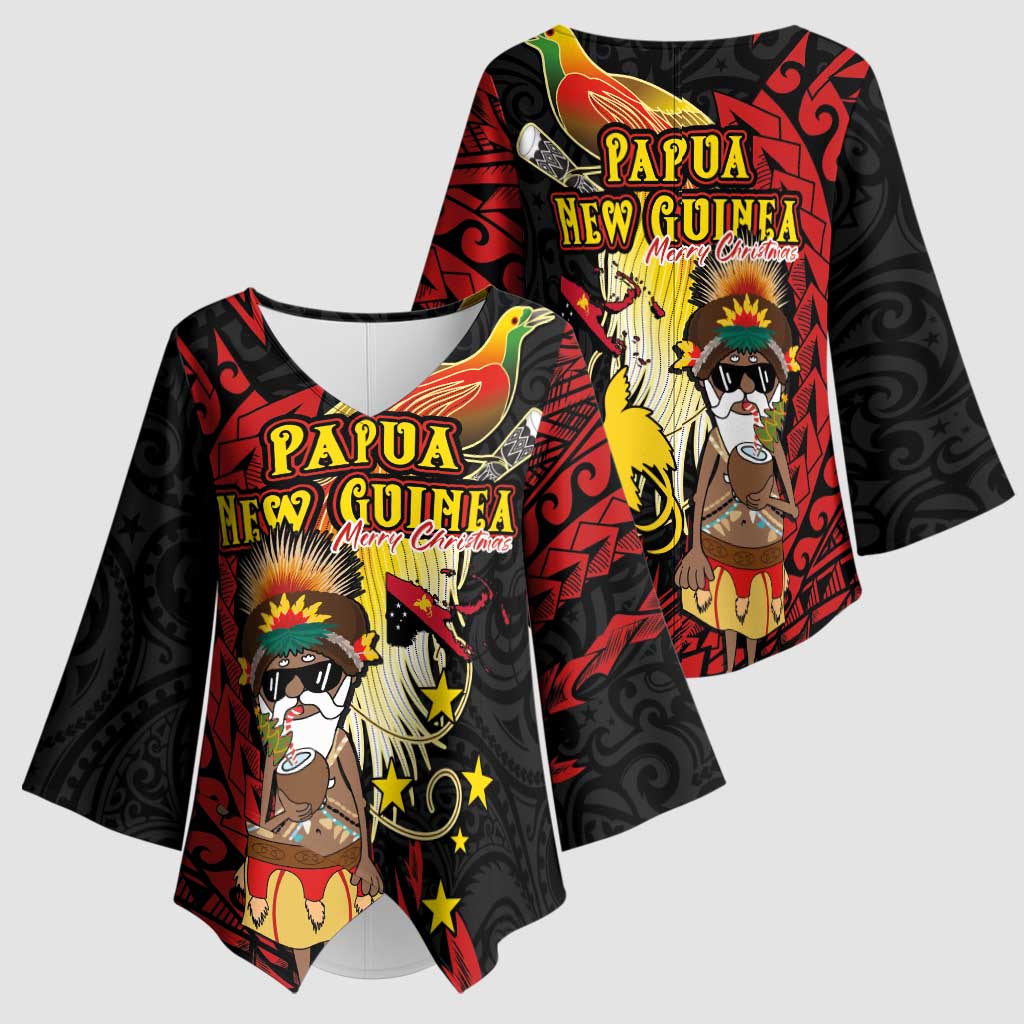 Papua New Guinea Christmas Kimono Sleeve Blouse Funny Melanesian Santa with Bird-of-paradise Tribal Style - Polynesian Pride
