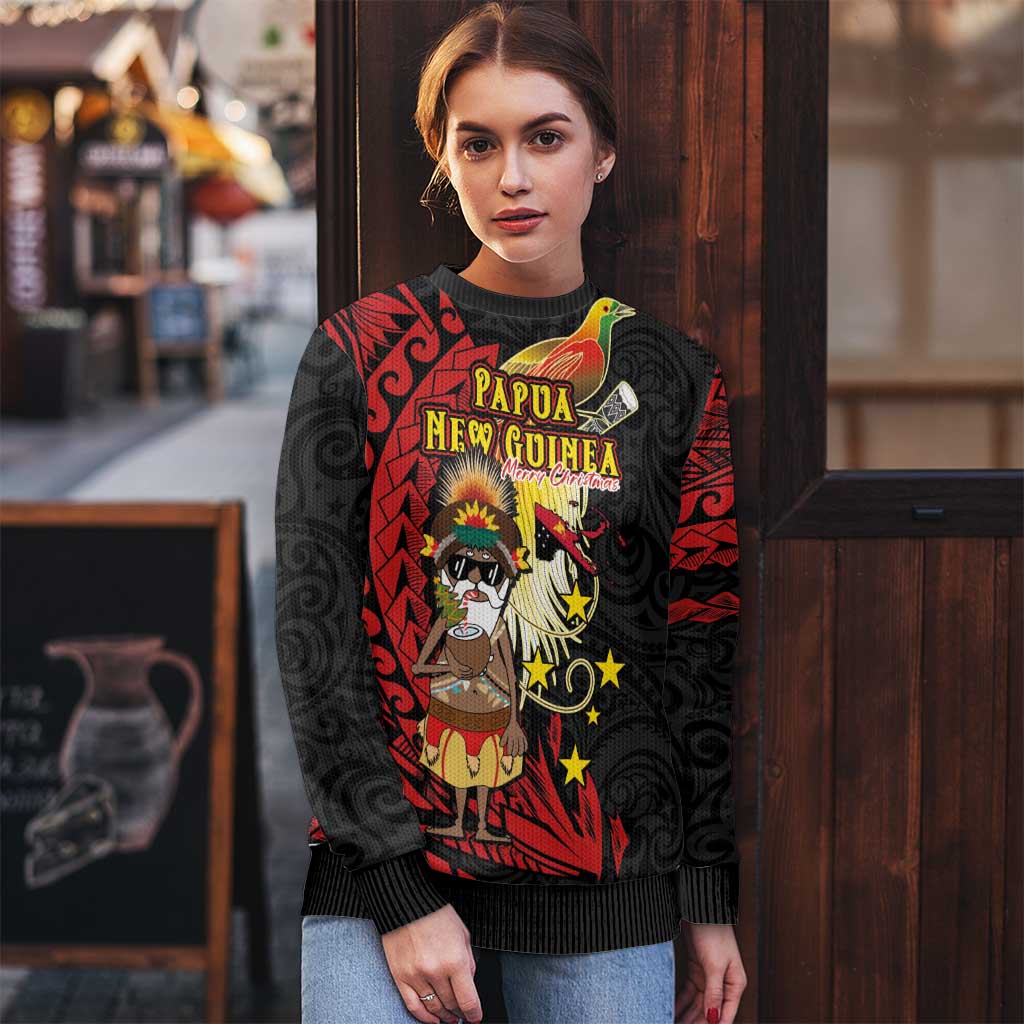 Papua New Guinea Christmas Ugly Christmas Sweater Funny Melanesian Santa with Bird-of-paradise Tribal Style - Polynesian Pride