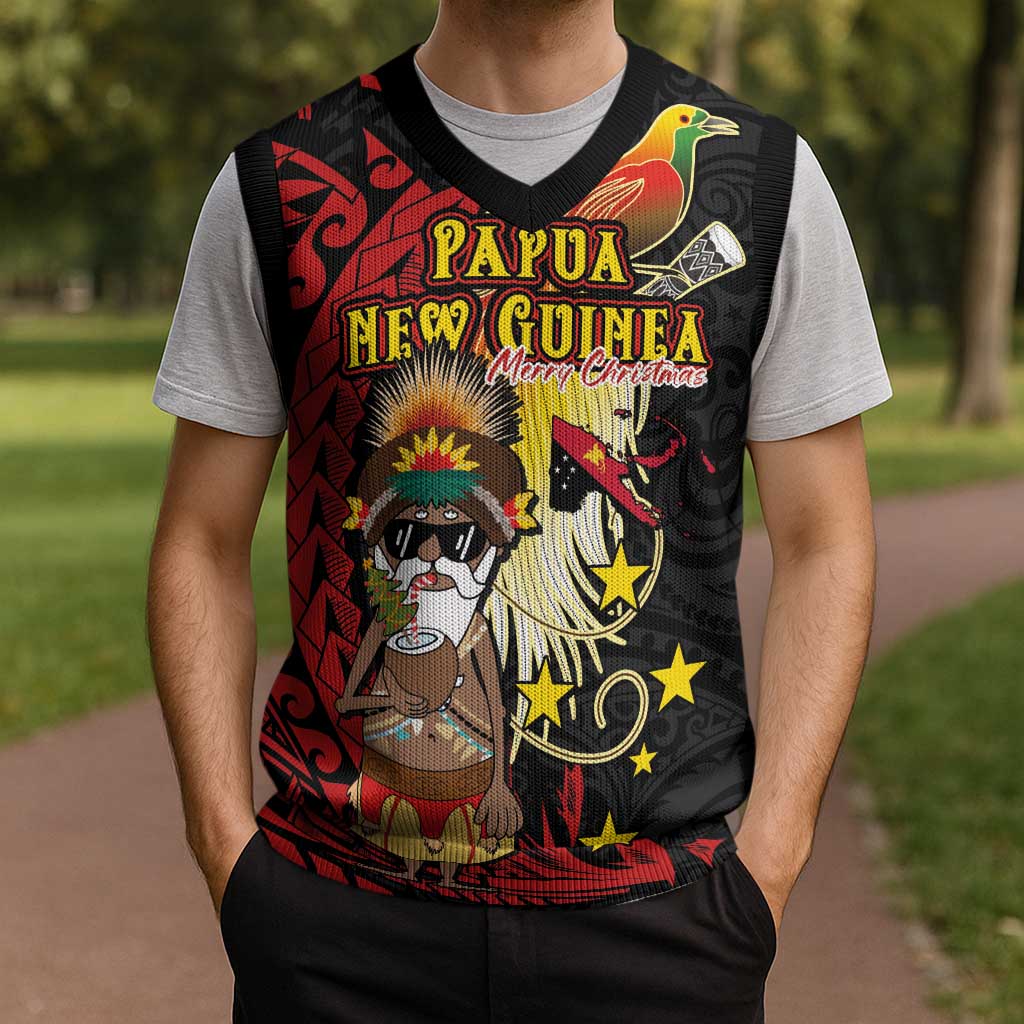 Papua New Guinea Christmas Knitted V-Neck Vest Funny Melanesian Santa with Bird-of-paradise Tribal Style - Polynesian Pride