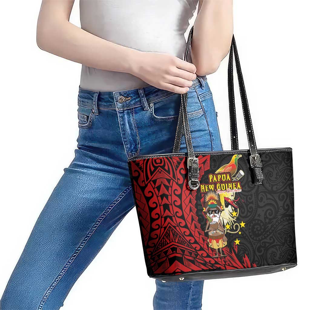 Papua New Guinea Christmas Leather Tote Bag Funny Melanesian Santa with Bird-of-paradise Tribal Style - Polynesian Pride
