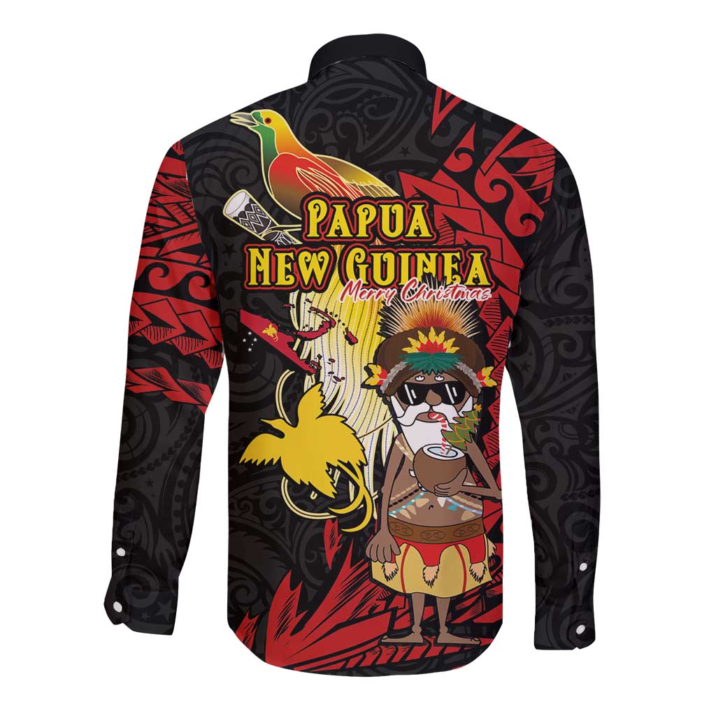 Papua New Guinea Christmas Long Sleeve Button Shirt Funny Melanesian Santa with Bird-of-paradise Tribal Style - Polynesian Pride