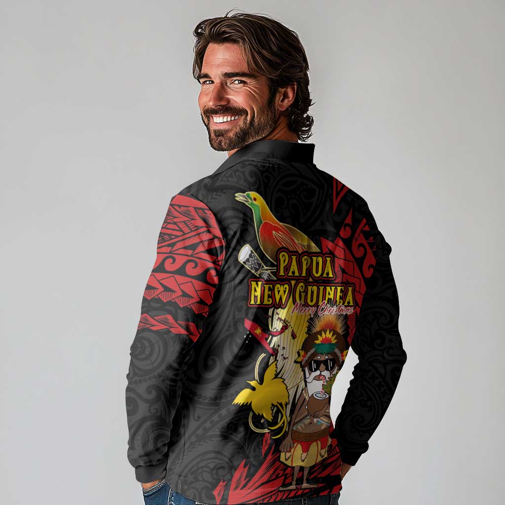 Papua New Guinea Christmas Long Sleeve Polo Shirt Funny Melanesian Santa with Bird-of-paradise Tribal Style - Polynesian Pride