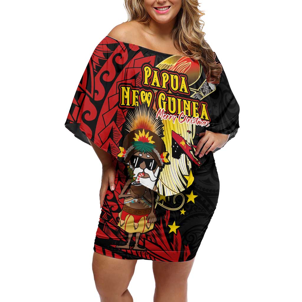 Papua New Guinea Christmas Off Shoulder Short Dress Funny Melanesian Santa with Bird-of-paradise Tribal Style - Polynesian Pride