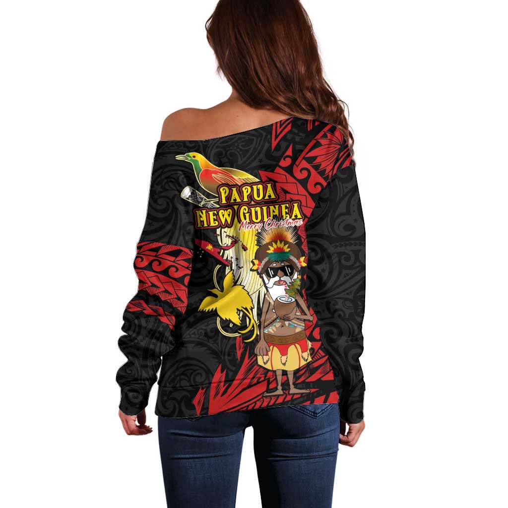 Papua New Guinea Christmas Off Shoulder Sweater Funny Melanesian Santa with Bird-of-paradise Tribal Style - Polynesian Pride