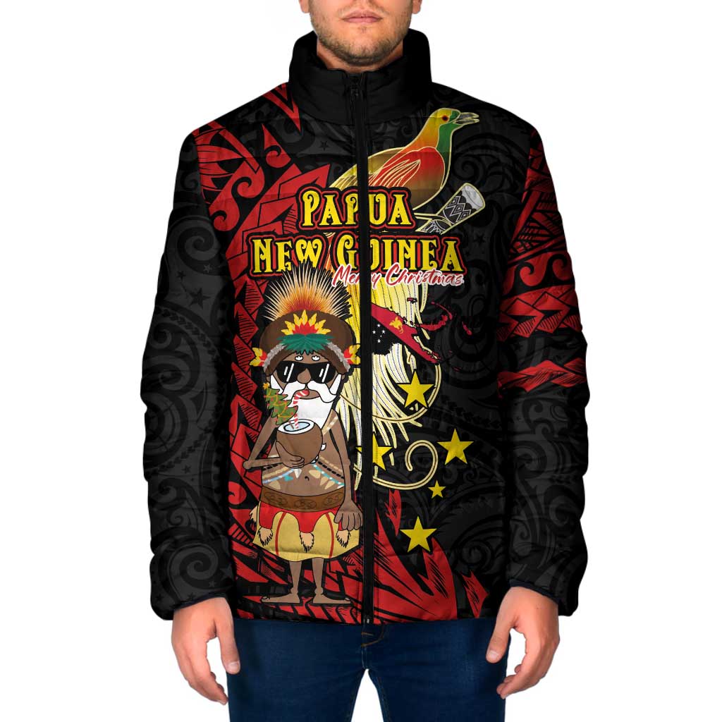 Papua New Guinea Christmas Padded Jacket Funny Melanesian Santa with Bird-of-paradise Tribal Style - Polynesian Pride