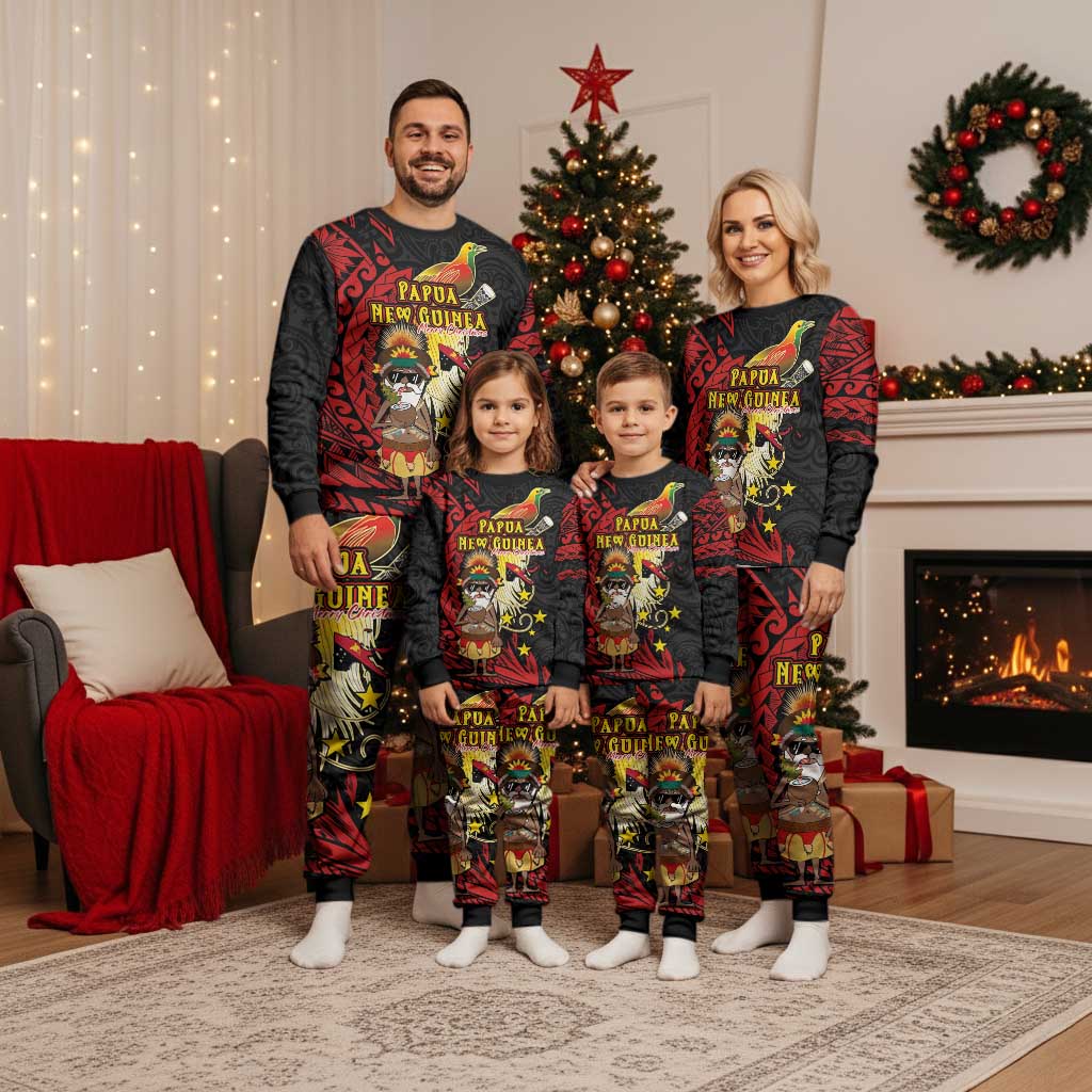 Papua New Guinea Christmas Pajama Set Funny Melanesian Santa with Bird-of-paradise Tribal Style - Polynesian Pride
