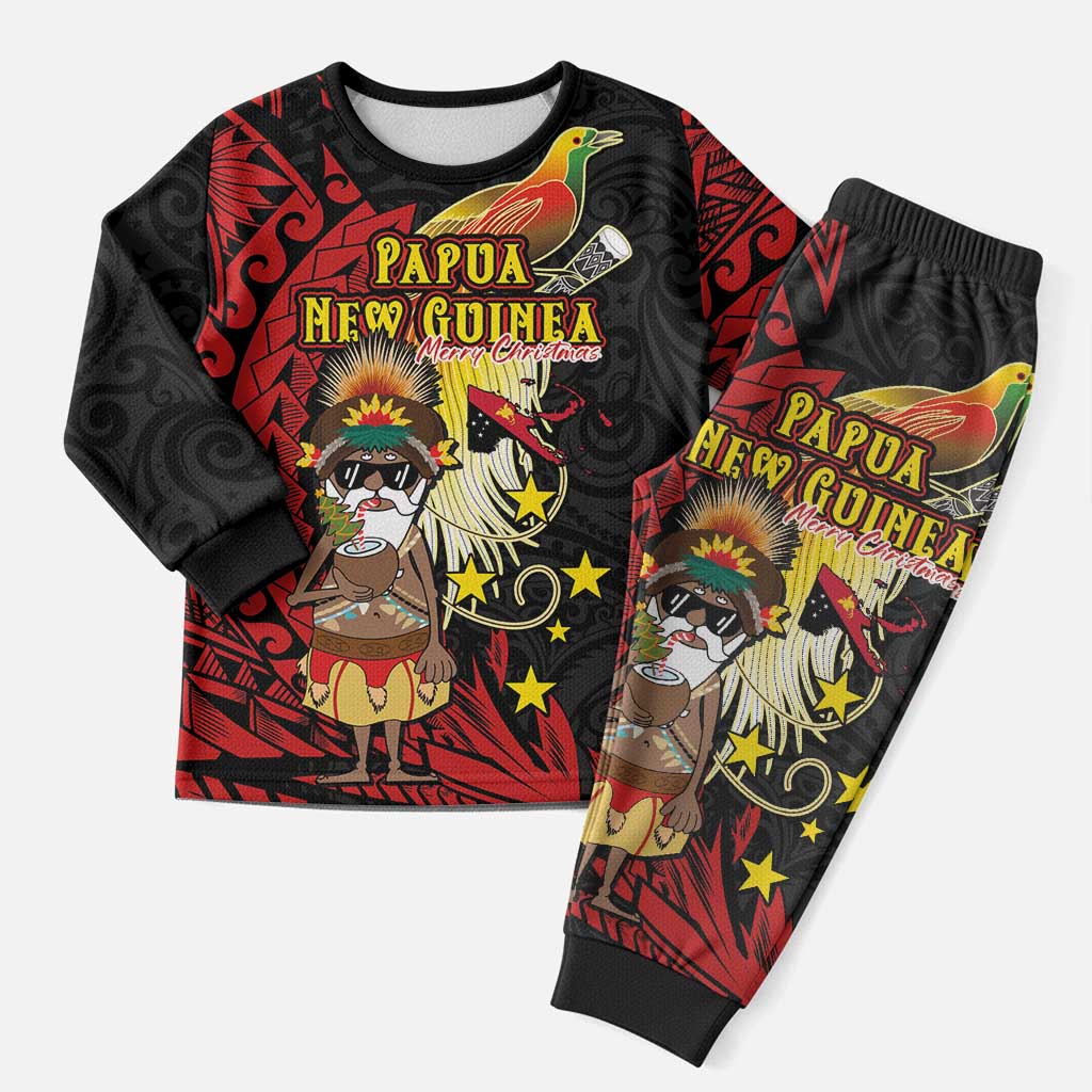 Papua New Guinea Christmas Pajama Set Funny Melanesian Santa with Bird-of-paradise Tribal Style - Polynesian Pride