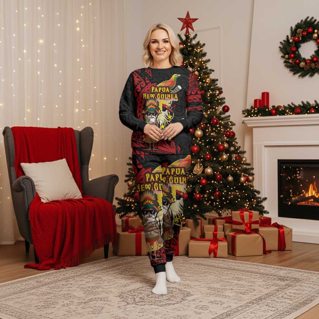 Papua New Guinea Christmas Pajama Set Funny Melanesian Santa with Bird-of-paradise Tribal Style - Polynesian Pride