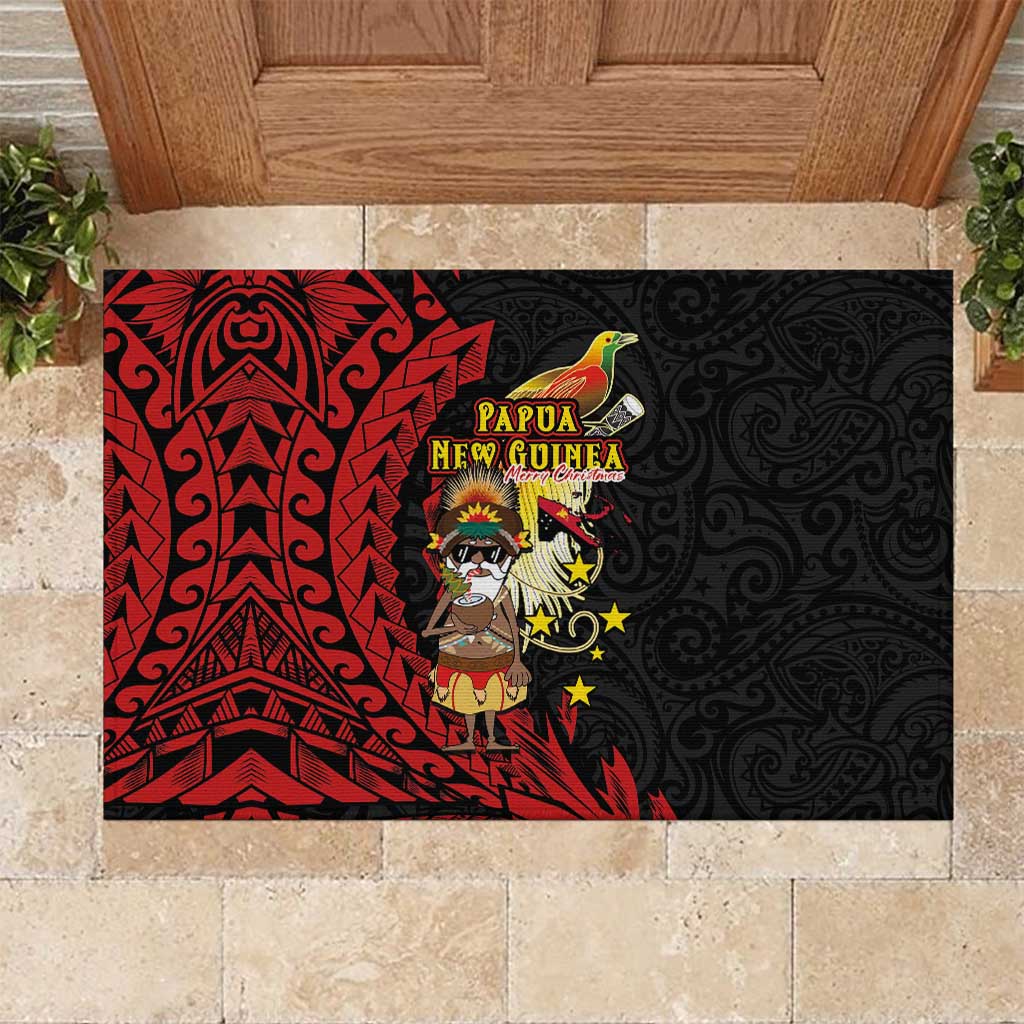 Papua New Guinea Christmas Rubber Doormat Funny Melanesian Santa with Bird-of-paradise Tribal Style - Polynesian Pride