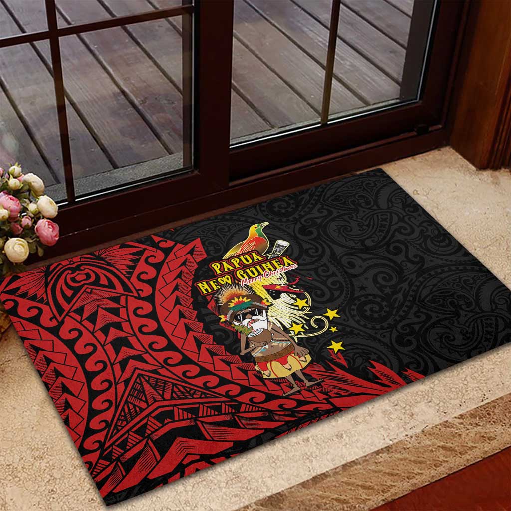 Papua New Guinea Christmas Rubber Doormat Funny Melanesian Santa with Bird-of-paradise Tribal Style - Polynesian Pride
