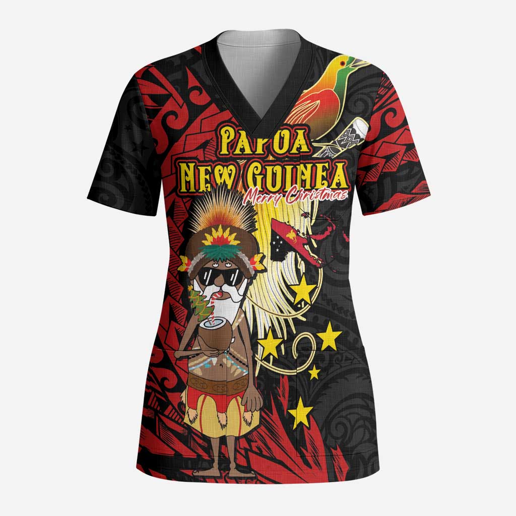 Papua New Guinea Christmas Scrub Top Funny Melanesian Santa with Bird-of-paradise Tribal Style LT03 Adult Black - Polynesian Pride