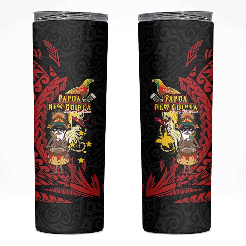 Papua New Guinea Christmas Skinny Tumbler Funny Melanesian Santa with Bird-of-paradise Tribal Style - Polynesian Pride