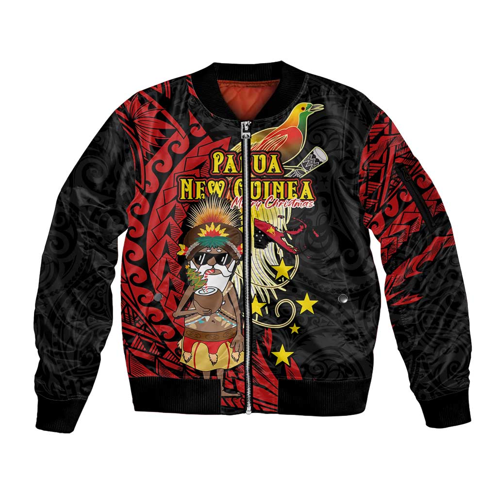 Papua New Guinea Christmas Sleeve Zip Bomber Jacket Funny Melanesian Santa with Bird-of-paradise Tribal Style - Polynesian Pride