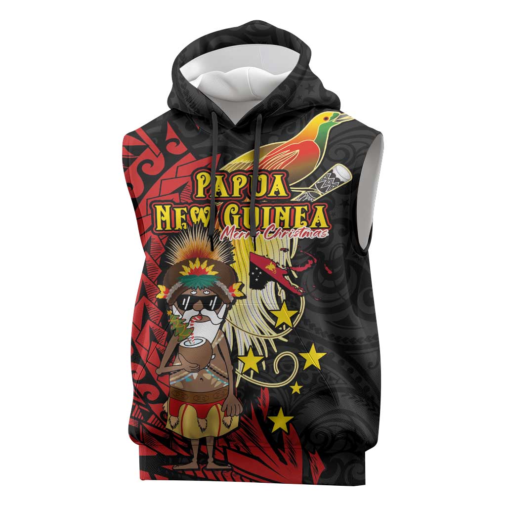 Papua New Guinea Christmas Sleeveless Hoodie Funny Melanesian Santa with Bird-of-paradise Tribal Style - Polynesian Pride
