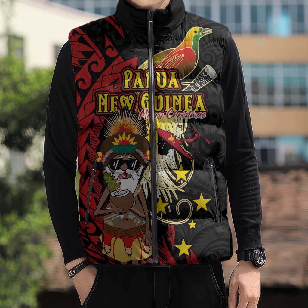 Papua New Guinea Christmas Sleeveless Puffer Jacket Funny Melanesian Santa with Bird-of-paradise Tribal Style - Polynesian Pride