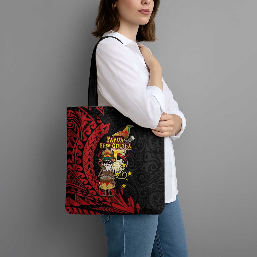 Papua New Guinea Christmas Tote Bag Funny Melanesian Santa with Bird-of-paradise Tribal Style - Polynesian Pride