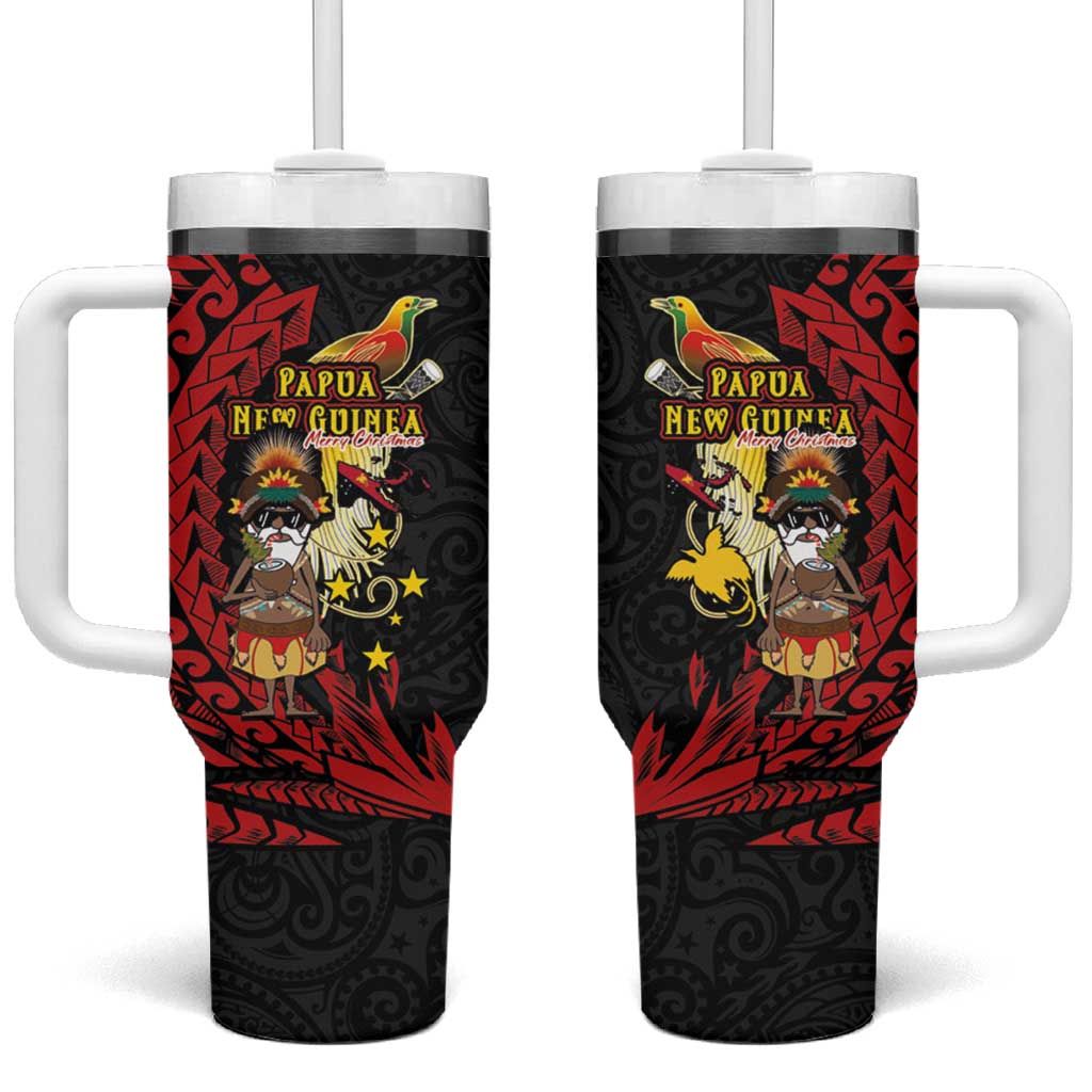 Papua New Guinea Christmas Tumbler With Handle Funny Melanesian Santa with Bird-of-paradise Tribal Style - Polynesian Pride