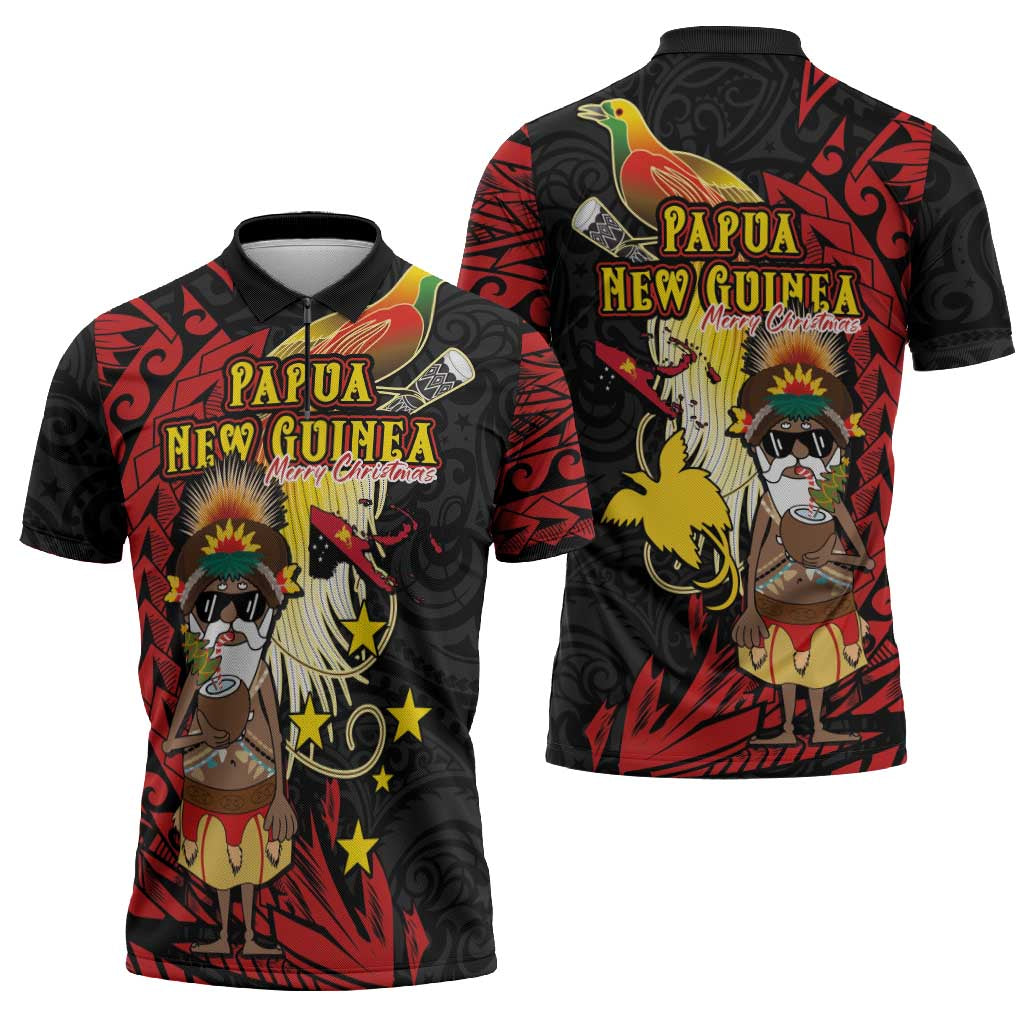 Papua New Guinea Christmas Zipper Polo Shirt Funny Melanesian Santa with Bird-of-paradise Tribal Style - Polynesian Pride