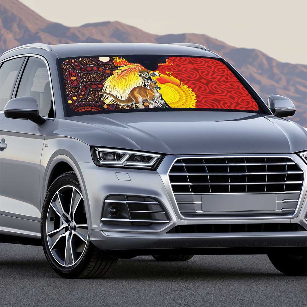 Australia and Papua New Guinea Together Auto Sun Shade Bird-of-paradise and Kangaroo with Oro Tapa and Aboriginal Art Motifs - Polynesian Pride