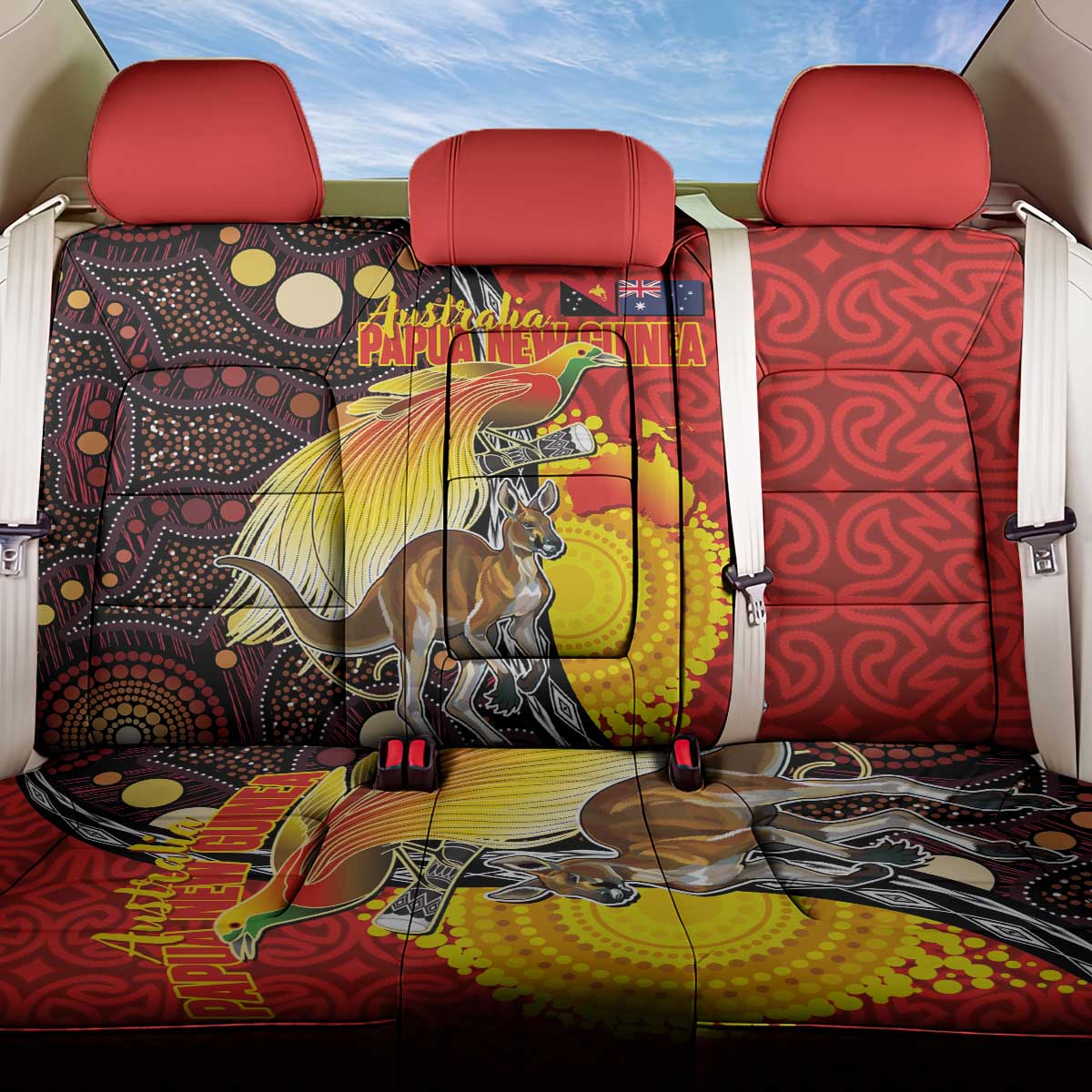 Australia and Papua New Guinea Together Back Car Seat Cover Bird-of-paradise and Kangaroo with Oro Tapa and Aboriginal Art Motifs - Polynesian Pride