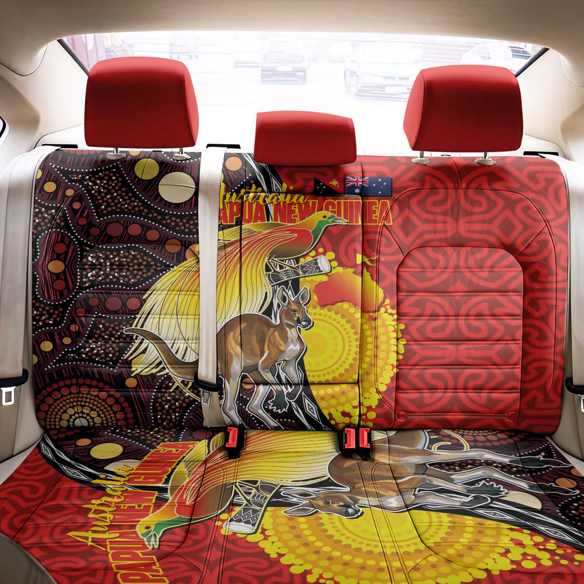 Australia and Papua New Guinea Together Back Car Seat Cover Bird-of-paradise and Kangaroo with Oro Tapa and Aboriginal Art Motifs - Polynesian Pride