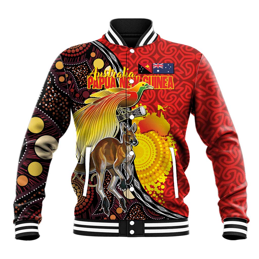 Australia and Papua New Guinea Together Baseball Jacket Bird-of-paradise and Kangaroo with Oro Tapa and Aboriginal Art Motifs - Polynesian Pride
