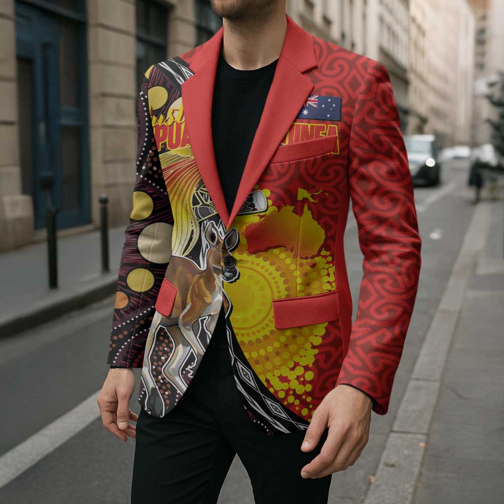 Australia and Papua New Guinea Together Blazer Bird-of-paradise and Kangaroo with Oro Tapa and Aboriginal Art Motifs - Polynesian Pride