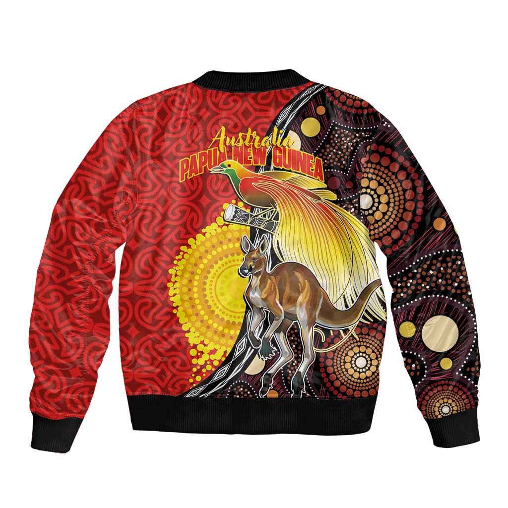 Australia and Papua New Guinea Together Bomber Jacket Bird-of-paradise and Kangaroo with Oro Tapa and Aboriginal Art Motifs - Polynesian Pride