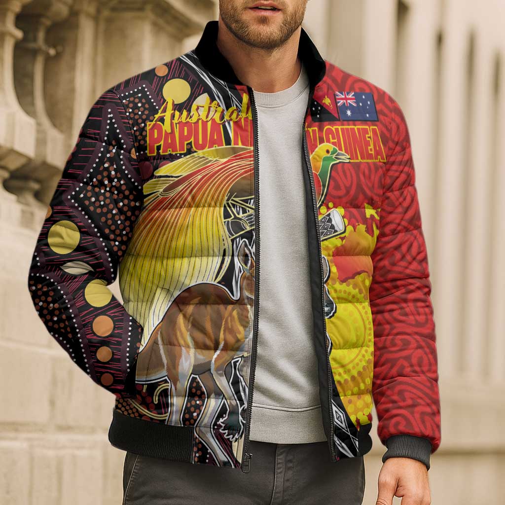 Australia and Papua New Guinea Together Bomber Puffer Jacket Bird-of-paradise and Kangaroo with Oro Tapa and Aboriginal Art Motifs - Polynesian Pride