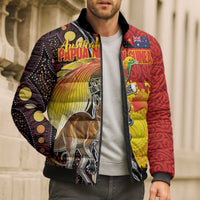 Australia and Papua New Guinea Together Bomber Puffer Jacket Bird-of-paradise and Kangaroo with Oro Tapa and Aboriginal Art Motifs - Polynesian Pride