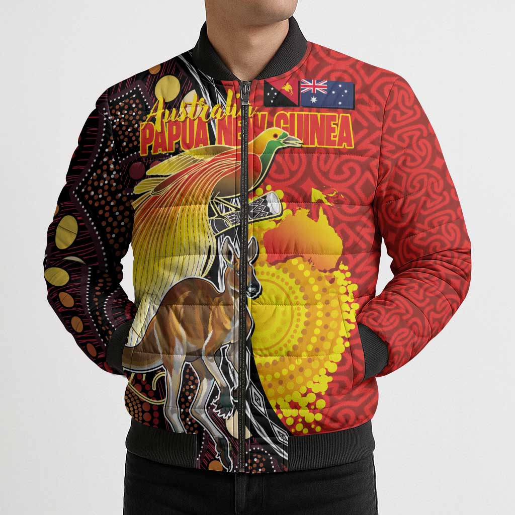 Australia and Papua New Guinea Together Bomber Puffer Jacket Bird-of-paradise and Kangaroo with Oro Tapa and Aboriginal Art Motifs - Polynesian Pride