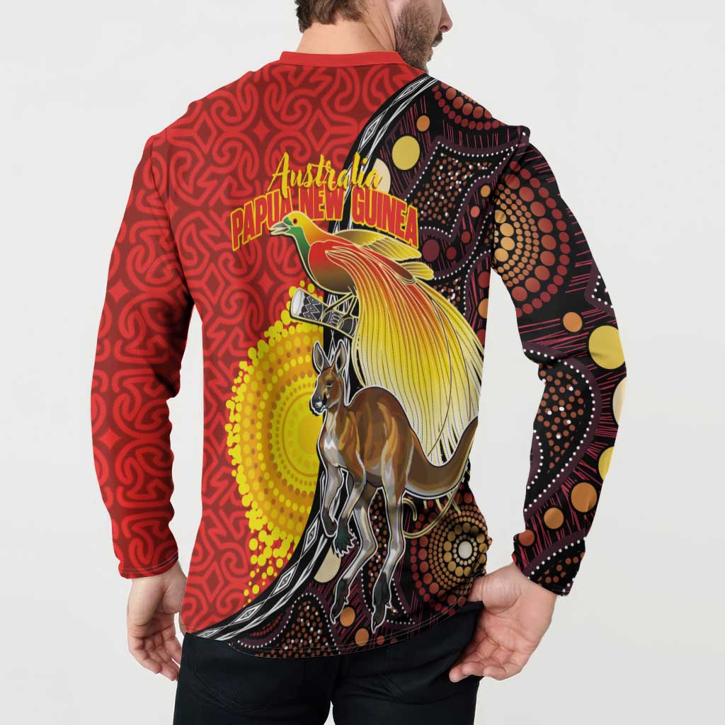 Australia and Papua New Guinea Together Button Sweatshirt Bird-of-paradise and Kangaroo with Oro Tapa and Aboriginal Art Motifs - Polynesian Pride