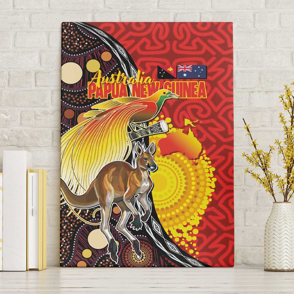 Australia and Papua New Guinea Together Canvas Wall Art Bird-of-paradise and Kangaroo with Oro Tapa and Aboriginal Art Motifs - Polynesian Pride
