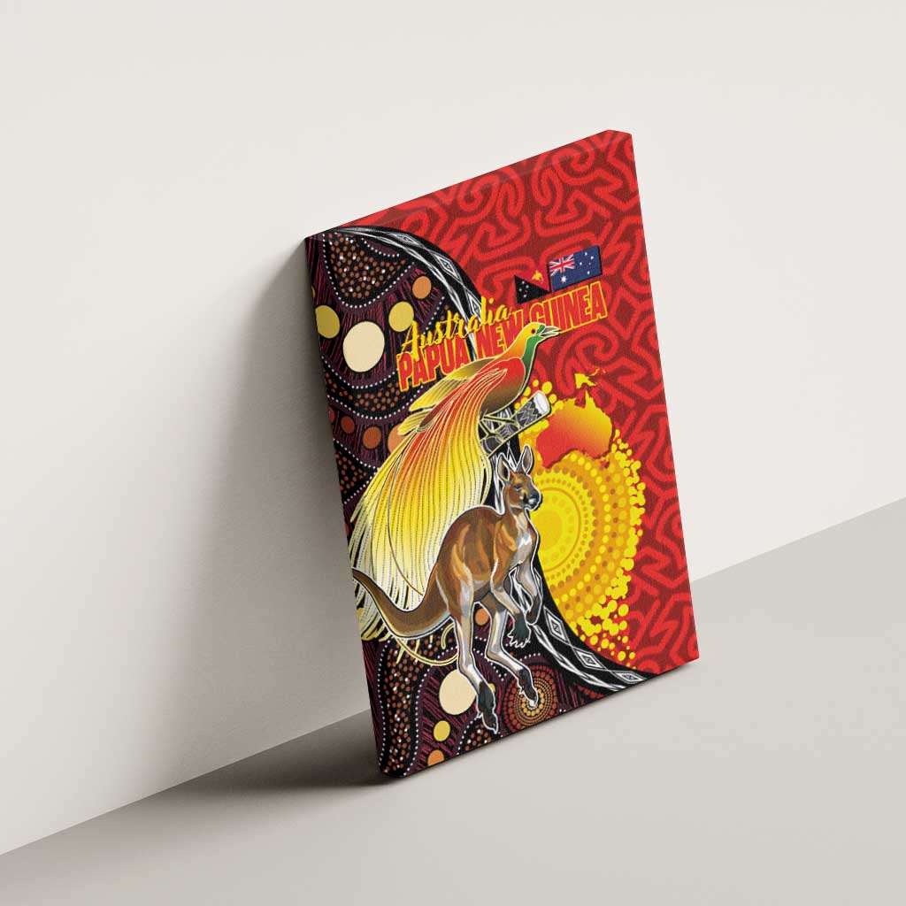 Australia and Papua New Guinea Together Canvas Wall Art Bird-of-paradise and Kangaroo with Oro Tapa and Aboriginal Art Motifs - Polynesian Pride
