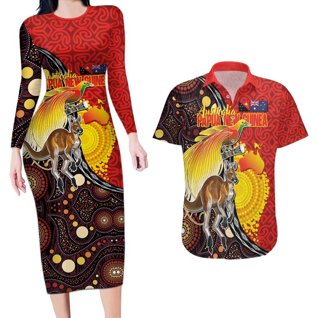 Australia and Papua New Guinea Together Couples Matching Long Sleeve Bodycon Dress and Hawaiian Shirt Bird-of-paradise and Kangaroo with Oro Tapa and Aboriginal Art Motifs - Polynesian Pride