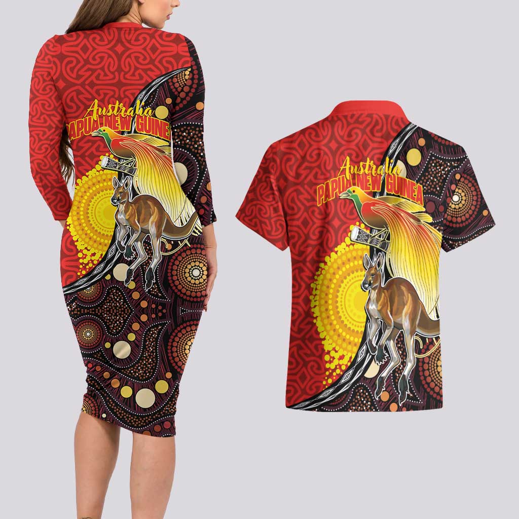 Australia and Papua New Guinea Together Couples Matching Long Sleeve Bodycon Dress and Hawaiian Shirt Bird-of-paradise and Kangaroo with Oro Tapa and Aboriginal Art Motifs - Polynesian Pride