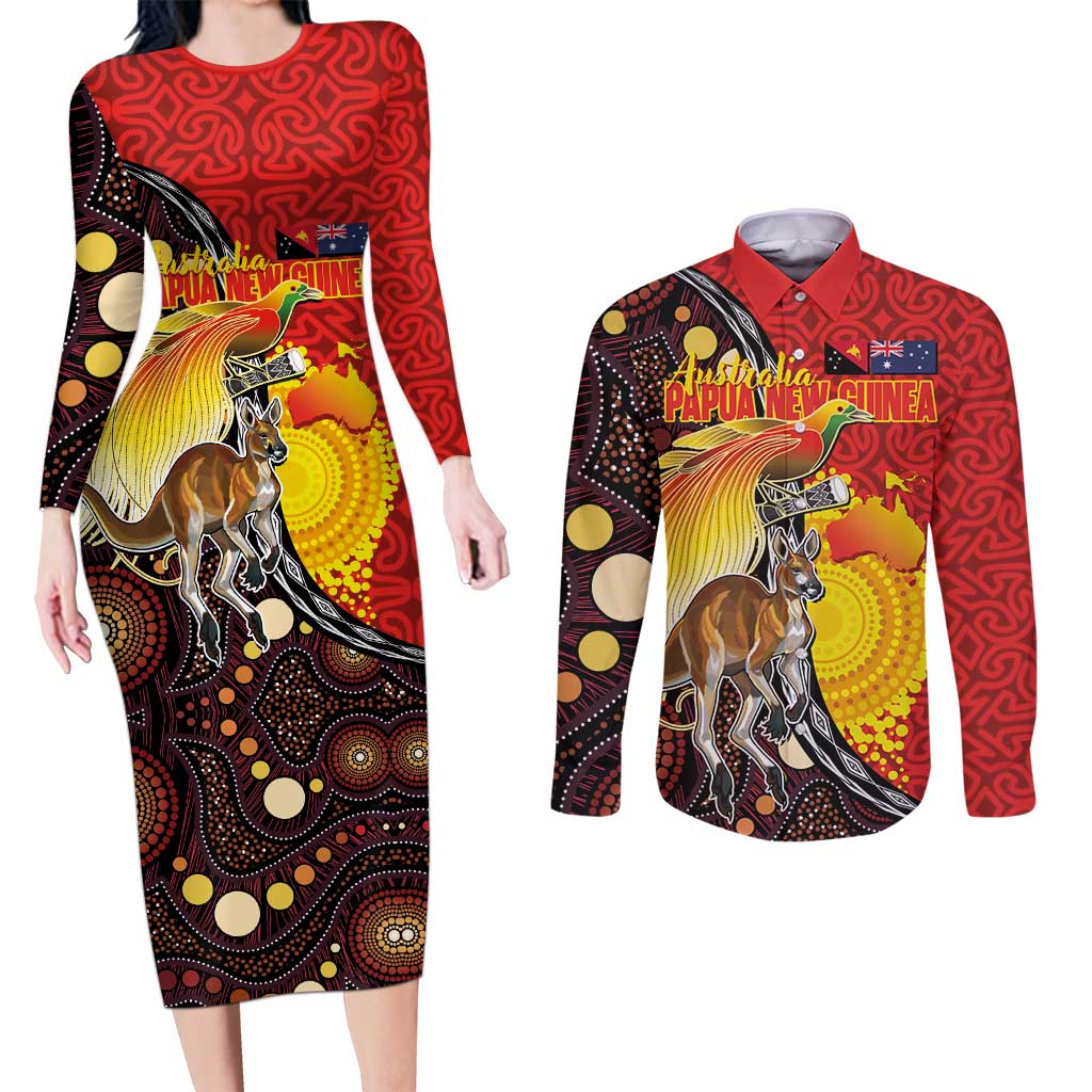 Australia and Papua New Guinea Together Couples Matching Long Sleeve Bodycon Dress and Long Sleeve Button Shirt Bird-of-paradise and Kangaroo with Oro Tapa and Aboriginal Art Motifs - Polynesian Pride