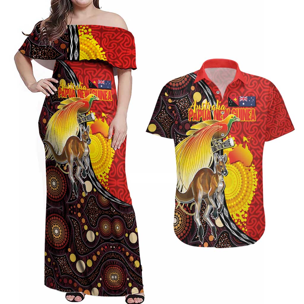 Australia and Papua New Guinea Together Couples Matching Off Shoulder Maxi Dress and Hawaiian Shirt Bird-of-paradise and Kangaroo with Oro Tapa and Aboriginal Art Motifs - Polynesian Pride