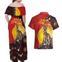 Australia and Papua New Guinea Together Couples Matching Off Shoulder Maxi Dress and Hawaiian Shirt Bird-of-paradise and Kangaroo with Oro Tapa and Aboriginal Art Motifs - Polynesian Pride